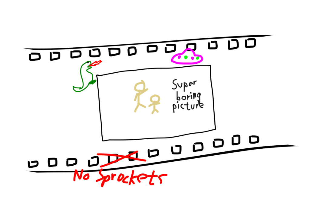 funny sketch of a film strip that misses the good parts of the image